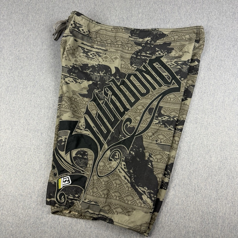 Vtg Billabong Mens Board Shorts Sz 36 Green Camo Spell Out Y2K Surf Swim Trunks